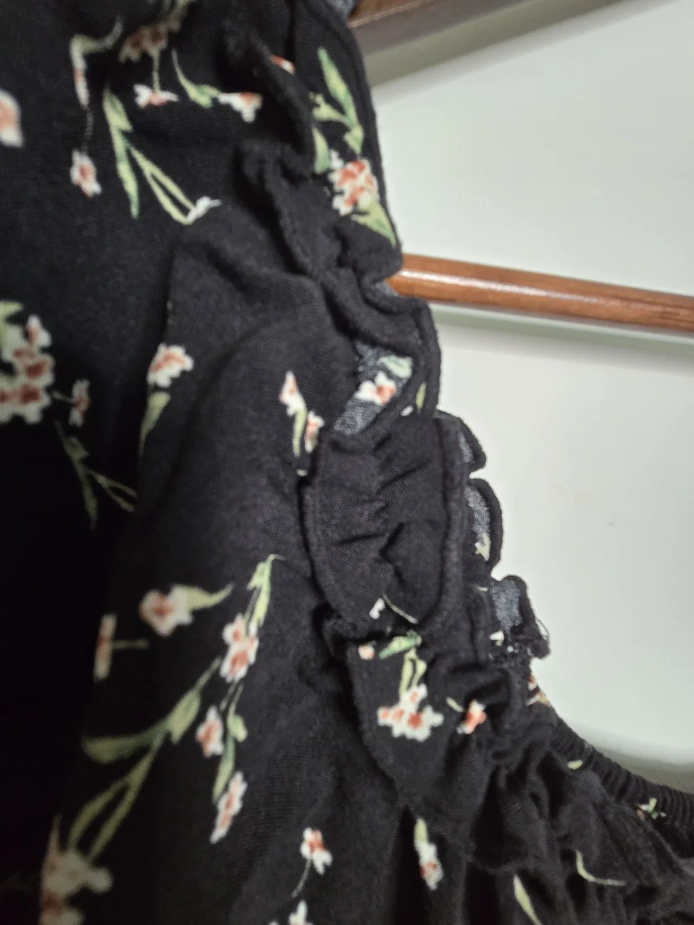 Black Floral Smocked Mini Dress Cottagecore Ruffle Puff Sleeve Boho Summer -L